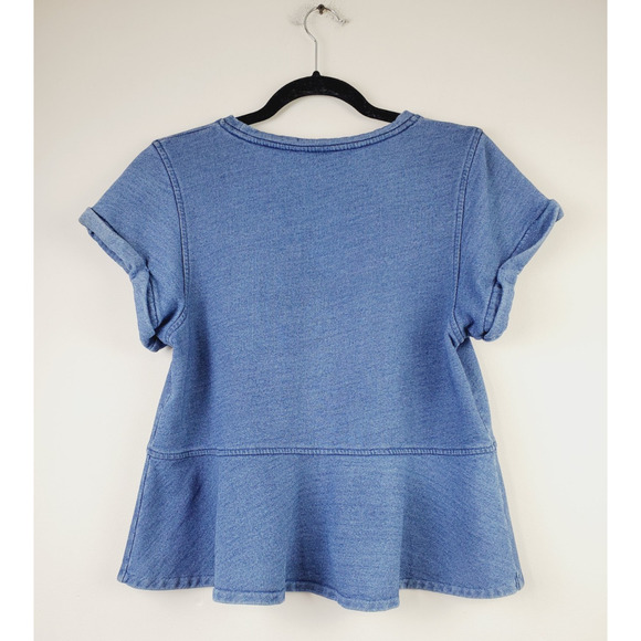 Club Monaco Womens Small Top Peplum Short Sleeve Chambray Blue Cotton Scoopneck - Picture 3 of 8